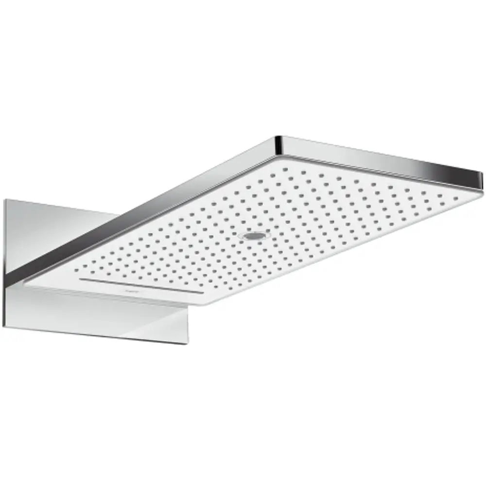 Hansgrohe Duschkopf mit rechteckiger, flacher Form, Wandanschluss, in Weiß und Chrom, versehen mit mehreren Auslassöffnungen für Wasserdurchfluss.